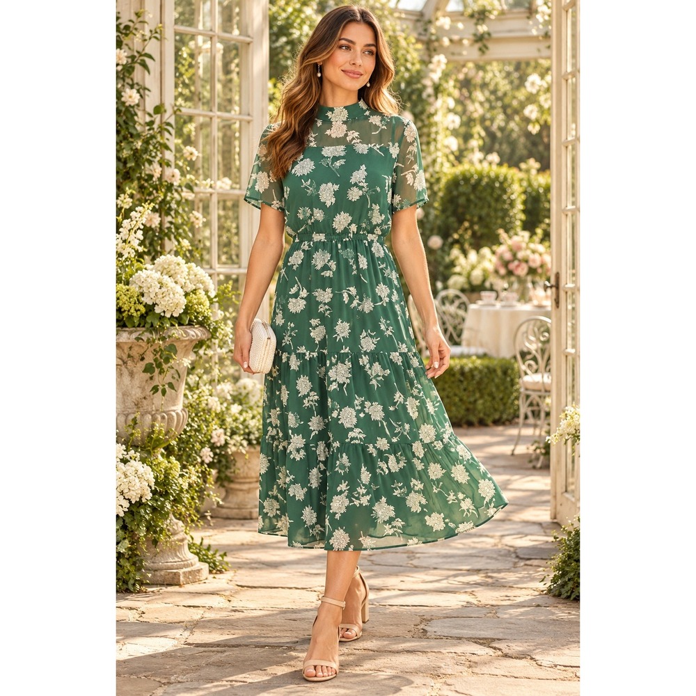 Lulus Women Floral Tiered Midi Dress S Green Garden Party Cottage Whimsical Boho